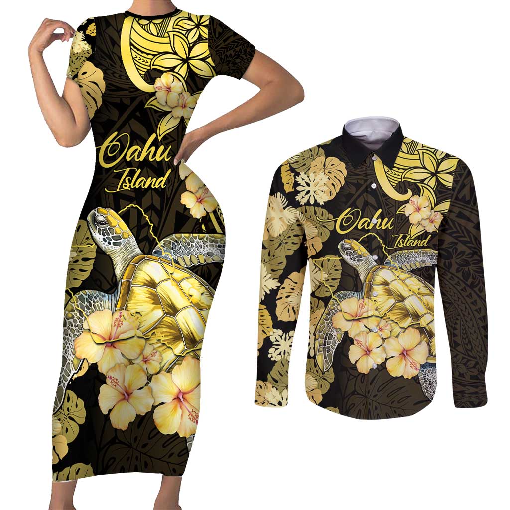Personalised Aloha Hawaii Oahu Island Couples Matching Short Sleeve Bodycon Dress and Long Sleeve Button Shirt Gathering Place Sea Turtle Ilima Flowers LT14 Yellow - Polynesian Pride