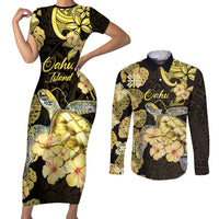 Personalised Aloha Hawaii Oahu Island Couples Matching Short Sleeve Bodycon Dress and Long Sleeve Button Shirt Gathering Place Sea Turtle Ilima Flowers LT14 Yellow - Polynesian Pride