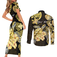 Personalised Aloha Hawaii Oahu Island Couples Matching Short Sleeve Bodycon Dress and Long Sleeve Button Shirt Gathering Place Sea Turtle Ilima Flowers LT14 - Polynesian Pride