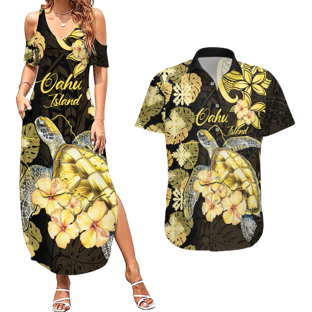 Personalised Aloha Hawaii Oahu Island Couples Matching Summer Maxi Dress and Hawaiian Shirt Gathering Place Sea Turtle Ilima Flowers LT14 Yellow - Polynesian Pride