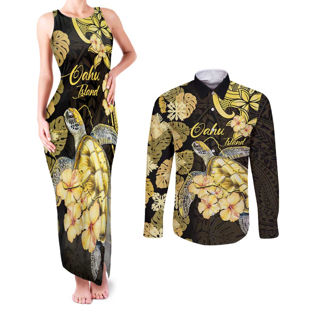 Personalised Aloha Hawaii Oahu Island Couples Matching Tank Maxi Dress and Long Sleeve Button Shirt Gathering Place Sea Turtle Ilima Flowers LT14 Yellow - Polynesian Pride