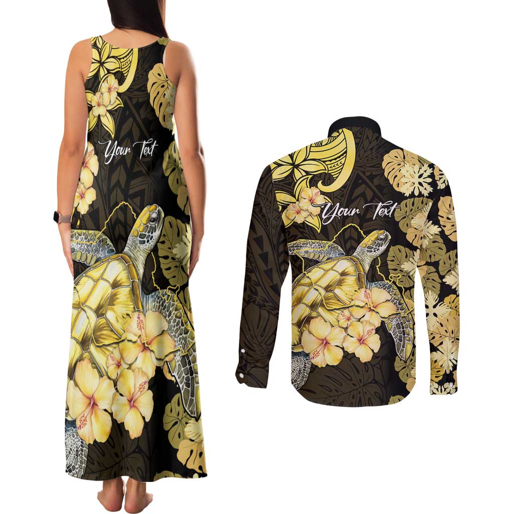 Personalised Aloha Hawaii Oahu Island Couples Matching Tank Maxi Dress and Long Sleeve Button Shirt Gathering Place Sea Turtle Ilima Flowers LT14 - Polynesian Pride