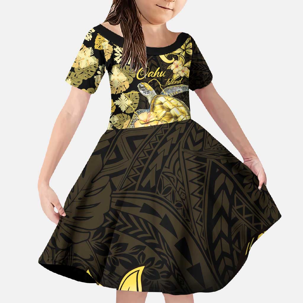 Personalised Aloha Hawaii Oahu Island Family Matching Long Sleeve Bodycon Dress and Hawaiian Shirt Gathering Place Sea Turtle Ilima Flowers LT14 Daughter's Dress Yellow - Polynesian Pride