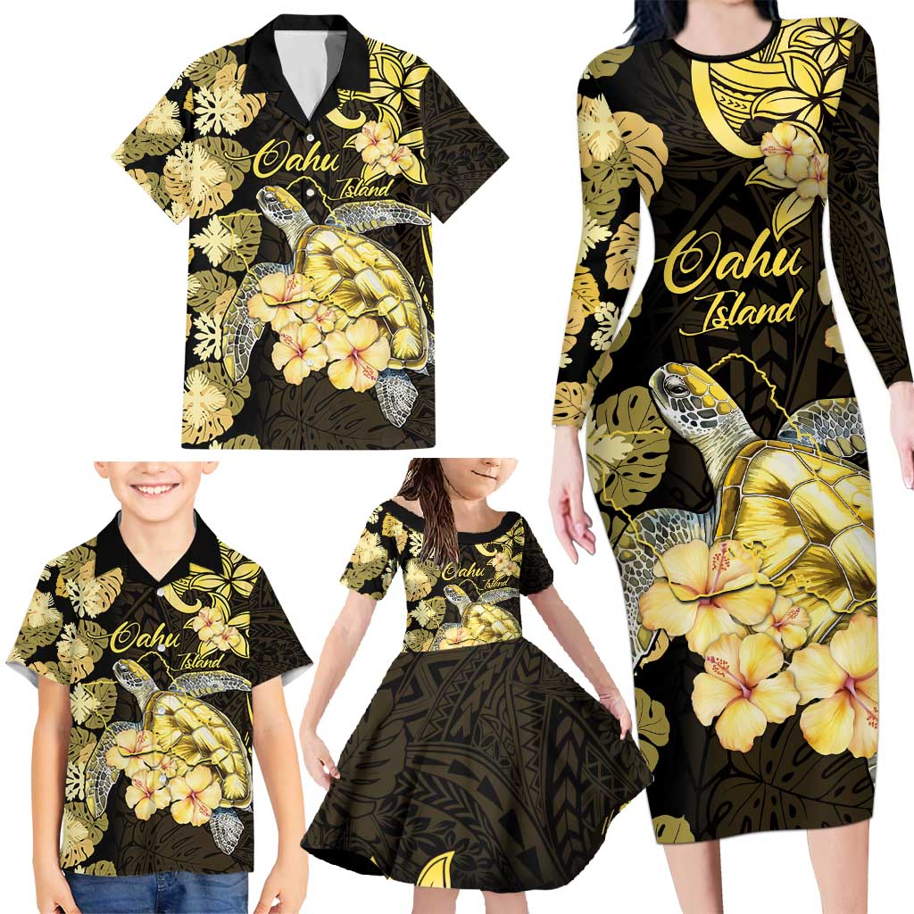 Personalised Aloha Hawaii Oahu Island Family Matching Long Sleeve Bodycon Dress and Hawaiian Shirt Gathering Place Sea Turtle Ilima Flowers LT14 - Polynesian Pride