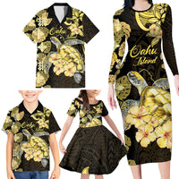 Personalised Aloha Hawaii Oahu Island Family Matching Long Sleeve Bodycon Dress and Hawaiian Shirt Gathering Place Sea Turtle Ilima Flowers LT14 - Polynesian Pride