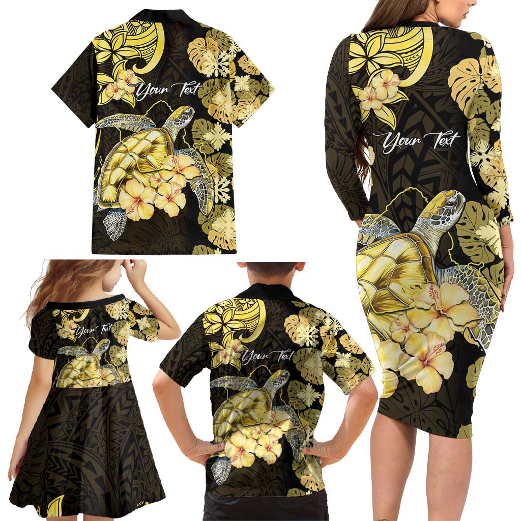 Personalised Aloha Hawaii Oahu Island Family Matching Long Sleeve Bodycon Dress and Hawaiian Shirt Gathering Place Sea Turtle Ilima Flowers LT14 - Polynesian Pride