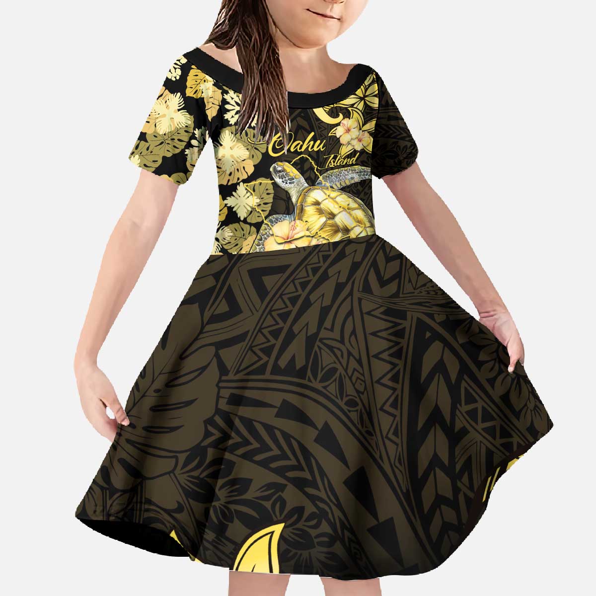 Personalised Aloha Hawaii Oahu Island Family Matching Off The Shoulder Long Sleeve Dress and Hawaiian Shirt Gathering Place Sea Turtle Ilima Flowers LT14 Daughter's Dress Yellow - Polynesian Pride