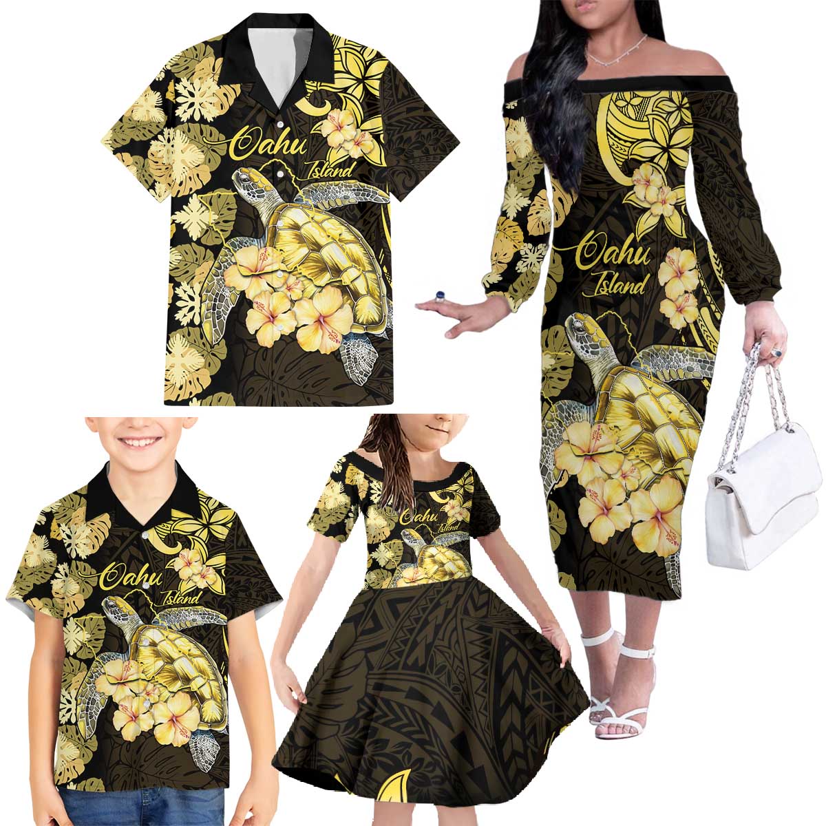 Personalised Aloha Hawaii Oahu Island Family Matching Off The Shoulder Long Sleeve Dress and Hawaiian Shirt Gathering Place Sea Turtle Ilima Flowers LT14 - Polynesian Pride