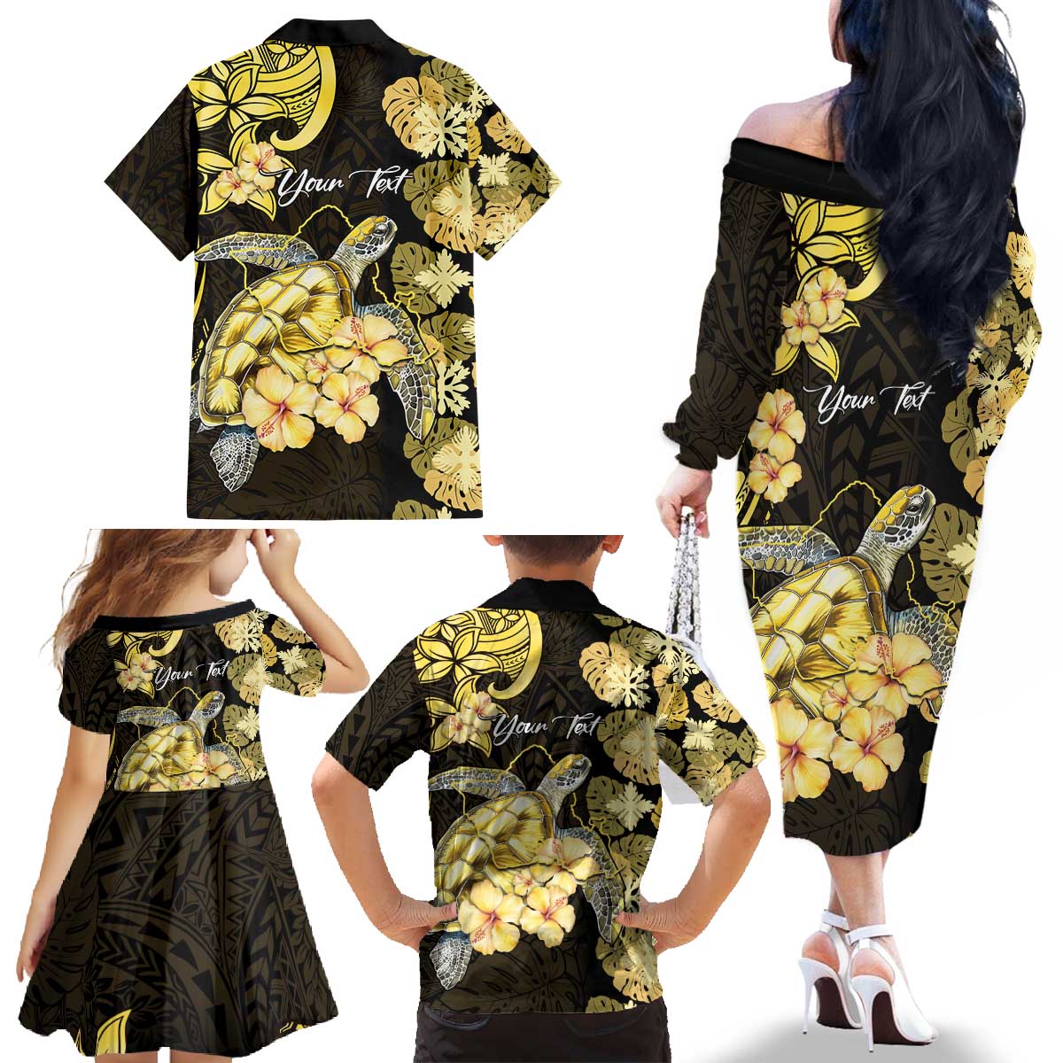 Personalised Aloha Hawaii Oahu Island Family Matching Off The Shoulder Long Sleeve Dress and Hawaiian Shirt Gathering Place Sea Turtle Ilima Flowers LT14 - Polynesian Pride
