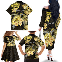 Personalised Aloha Hawaii Oahu Island Family Matching Off The Shoulder Long Sleeve Dress and Hawaiian Shirt Gathering Place Sea Turtle Ilima Flowers LT14 - Polynesian Pride