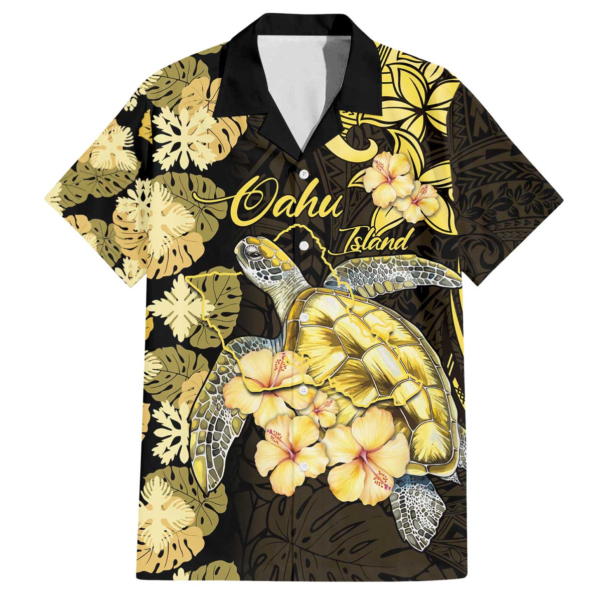 Personalised Aloha Hawaii Oahu Island Family Matching Off The Shoulder Long Sleeve Dress and Hawaiian Shirt Gathering Place Sea Turtle Ilima Flowers LT14 Dad's Shirt - Short Sleeve Yellow - Polynesian Pride