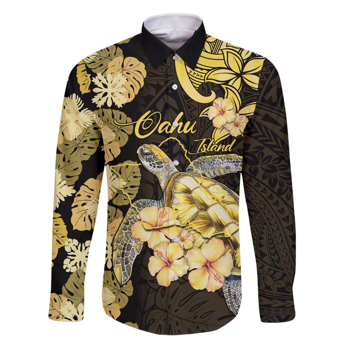 Personalised Aloha Hawaii Oahu Island Family Matching Off The Shoulder Long Sleeve Dress and Hawaiian Shirt Gathering Place Sea Turtle Ilima Flowers LT14 Dad's Shirt - Long Sleeve Yellow - Polynesian Pride