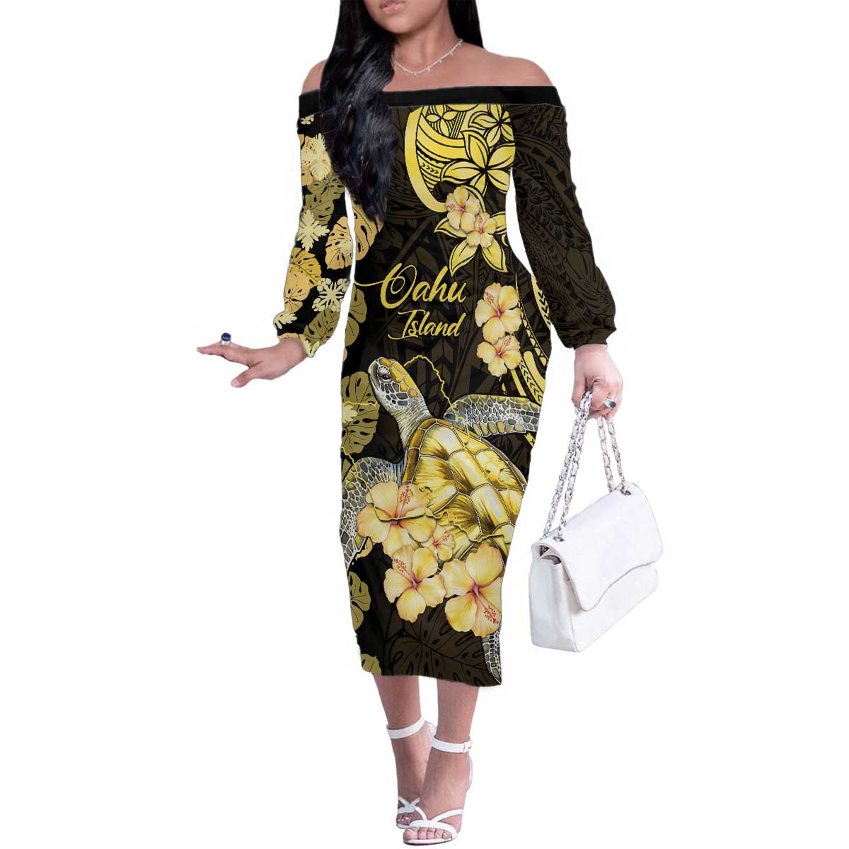 Personalised Aloha Hawaii Oahu Island Family Matching Off The Shoulder Long Sleeve Dress and Hawaiian Shirt Gathering Place Sea Turtle Ilima Flowers LT14 Mom's Dress Yellow - Polynesian Pride