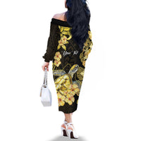 Personalised Aloha Hawaii Oahu Island Family Matching Off The Shoulder Long Sleeve Dress and Hawaiian Shirt Gathering Place Sea Turtle Ilima Flowers LT14 - Polynesian Pride