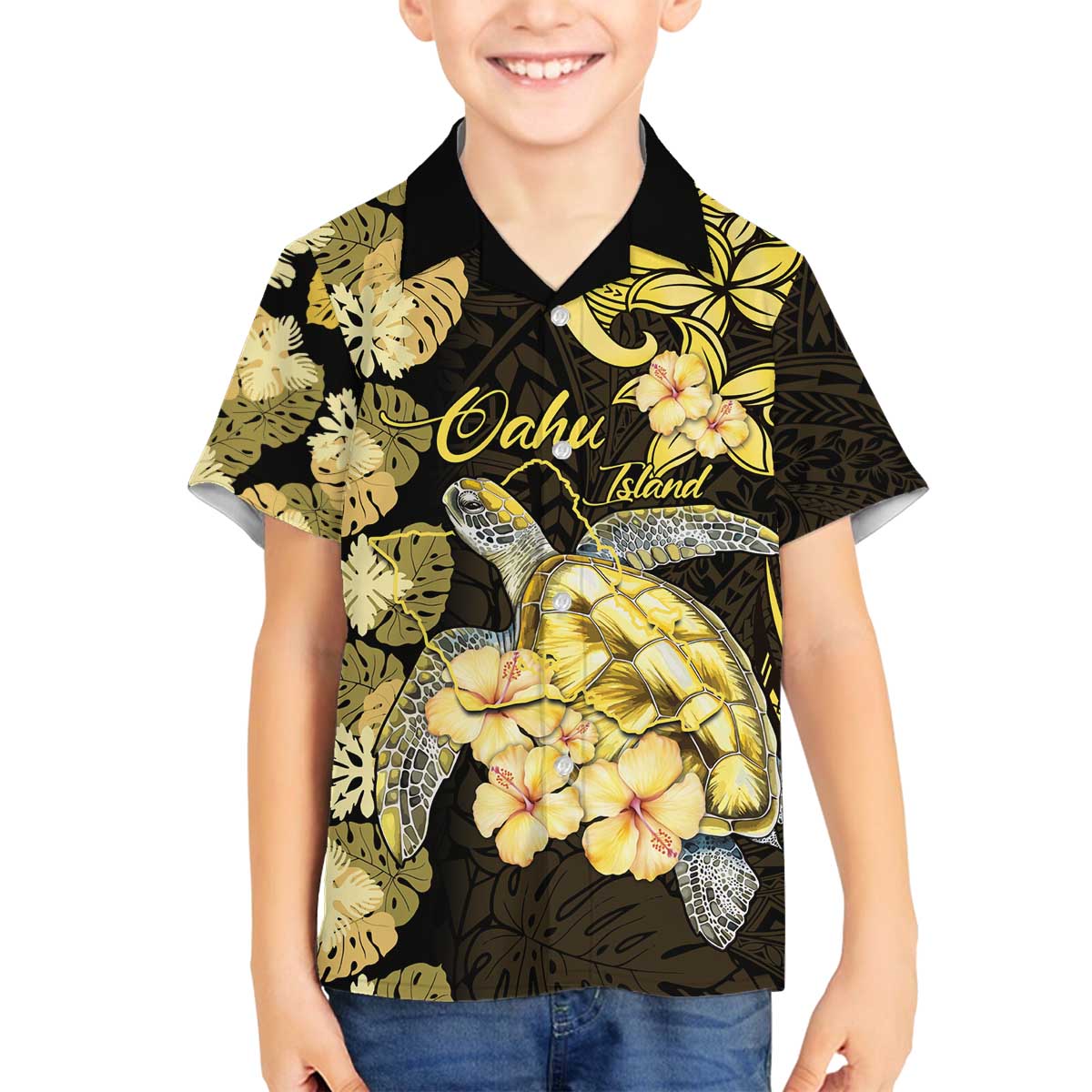 Personalised Aloha Hawaii Oahu Island Family Matching Off The Shoulder Long Sleeve Dress and Hawaiian Shirt Gathering Place Sea Turtle Ilima Flowers LT14 Son's Shirt Yellow - Polynesian Pride