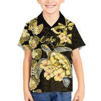 Personalised Aloha Hawaii Oahu Island Family Matching Off The Shoulder Long Sleeve Dress and Hawaiian Shirt Gathering Place Sea Turtle Ilima Flowers LT14 Son's Shirt Yellow - Polynesian Pride