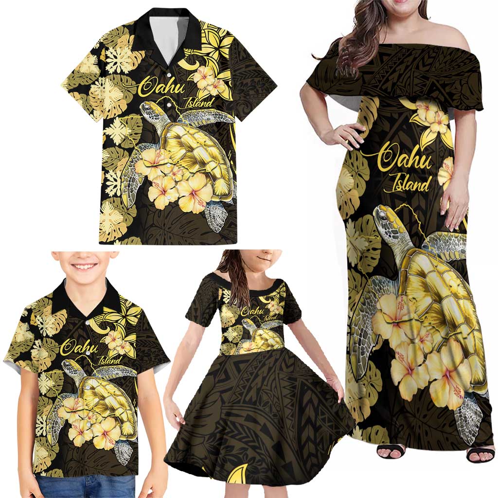 Personalised Aloha Hawaii Oahu Island Family Matching Off Shoulder Maxi Dress and Hawaiian Shirt Gathering Place Sea Turtle Ilima Flowers LT14 - Polynesian Pride