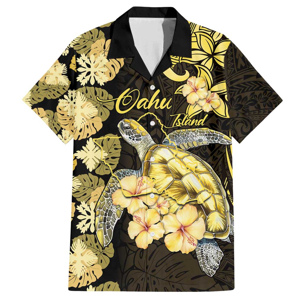 Personalised Aloha Hawaii Oahu Island Family Matching Off Shoulder Maxi Dress and Hawaiian Shirt Gathering Place Sea Turtle Ilima Flowers LT14 Dad's Shirt - Short Sleeve Yellow - Polynesian Pride