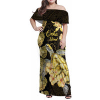 Personalised Aloha Hawaii Oahu Island Family Matching Off Shoulder Maxi Dress and Hawaiian Shirt Gathering Place Sea Turtle Ilima Flowers LT14 Mom's Dress Yellow - Polynesian Pride