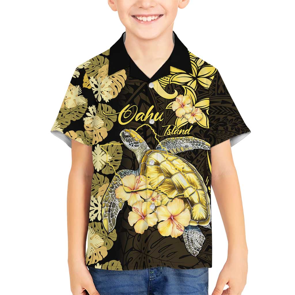 Personalised Aloha Hawaii Oahu Island Family Matching Off Shoulder Maxi Dress and Hawaiian Shirt Gathering Place Sea Turtle Ilima Flowers LT14 Son's Shirt Yellow - Polynesian Pride