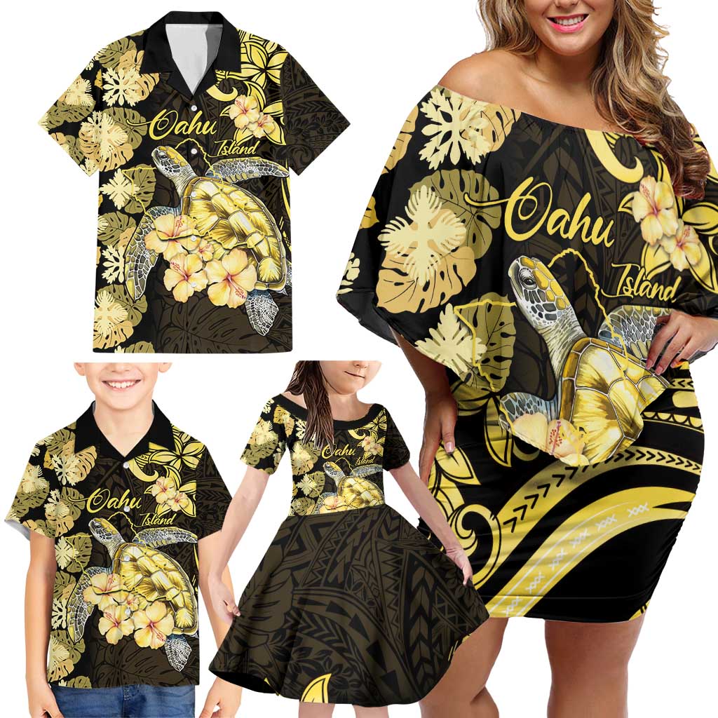 Personalised Aloha Hawaii Oahu Island Family Matching Off Shoulder Short Dress and Hawaiian Shirt Gathering Place Sea Turtle Ilima Flowers LT14 - Polynesian Pride