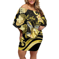 Personalised Aloha Hawaii Oahu Island Family Matching Off Shoulder Short Dress and Hawaiian Shirt Gathering Place Sea Turtle Ilima Flowers LT14 Mom's Dress Yellow - Polynesian Pride