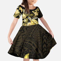 Personalised Aloha Hawaii Oahu Island Family Matching Short Sleeve Bodycon Dress and Hawaiian Shirt Gathering Place Sea Turtle Ilima Flowers LT14 Daughter's Dress Yellow - Polynesian Pride