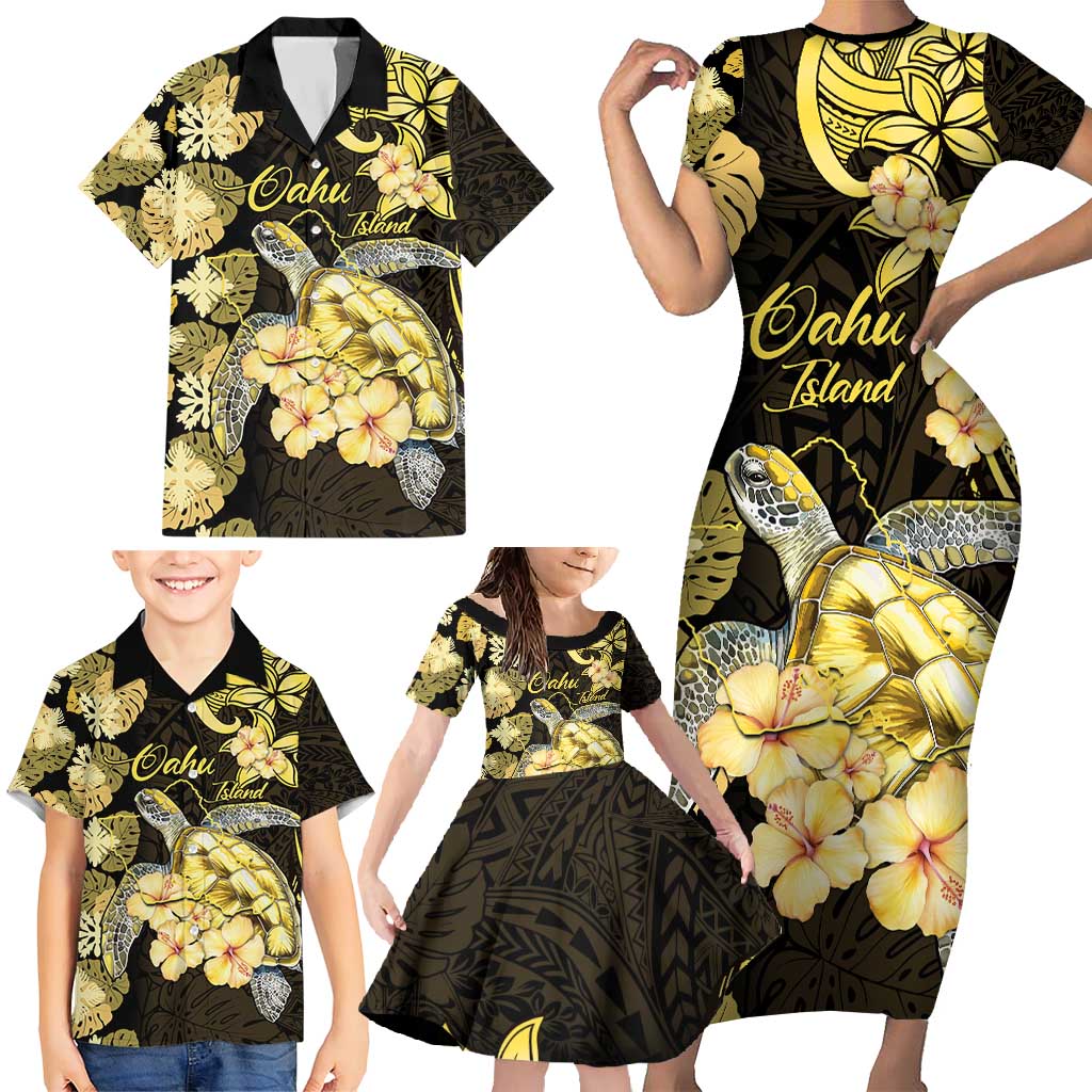 Personalised Aloha Hawaii Oahu Island Family Matching Short Sleeve Bodycon Dress and Hawaiian Shirt Gathering Place Sea Turtle Ilima Flowers LT14 - Polynesian Pride