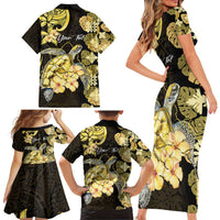 Personalised Aloha Hawaii Oahu Island Family Matching Short Sleeve Bodycon Dress and Hawaiian Shirt Gathering Place Sea Turtle Ilima Flowers LT14 - Polynesian Pride