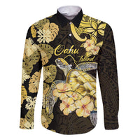 Personalised Aloha Hawaii Oahu Island Family Matching Short Sleeve Bodycon Dress and Hawaiian Shirt Gathering Place Sea Turtle Ilima Flowers LT14 Dad's Shirt - Long Sleeve Yellow - Polynesian Pride