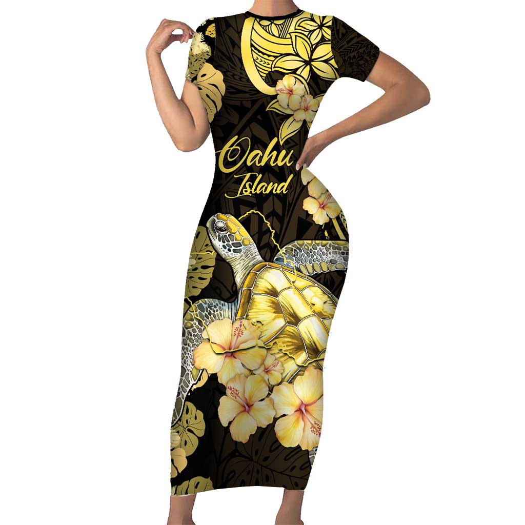 Personalised Aloha Hawaii Oahu Island Family Matching Short Sleeve Bodycon Dress and Hawaiian Shirt Gathering Place Sea Turtle Ilima Flowers LT14 Mom's Dress Yellow - Polynesian Pride