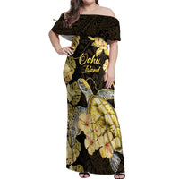 Personalised Aloha Hawaii Oahu Island Off Shoulder Maxi Dress Gathering Place Sea Turtle Ilima Flowers LT14 Women Yellow - Polynesian Pride