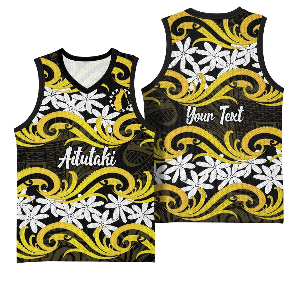 Personalised Cook Islands Aitutaki Basketball Jersey Tiare Maori Polynesian Waves Tattoo