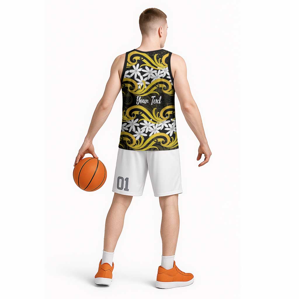 Personalised Cook Islands Aitutaki Basketball Jersey Tiare Maori Polynesian Waves Tattoo