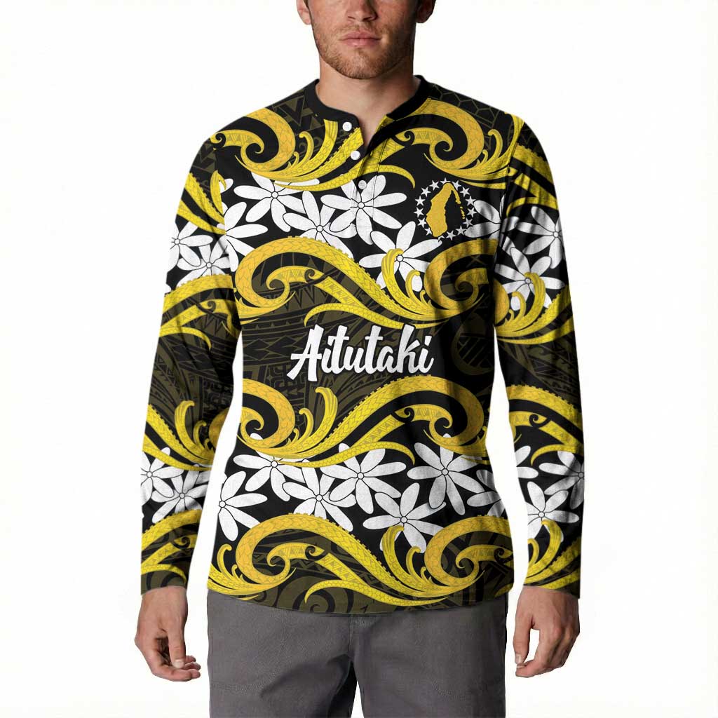 Personalised Cook Islands Aitutaki Button Sweatshirt Tiare Maori Polynesian Waves Tattoo