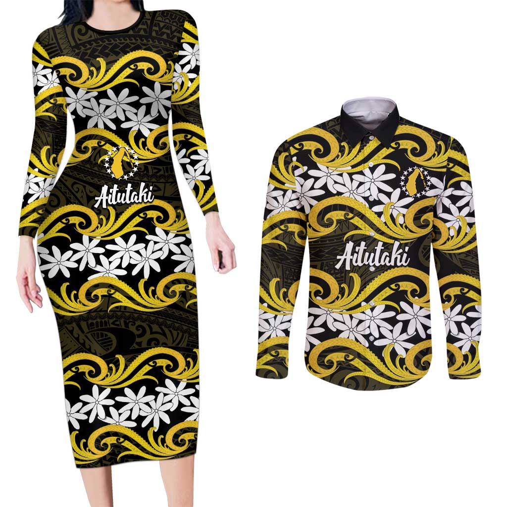 Personalised Cook Islands Aitutaki Couples Matching Long Sleeve Bodycon Dress and Long Sleeve Button Shirt Tiare Maori Polynesian Waves Tattoo