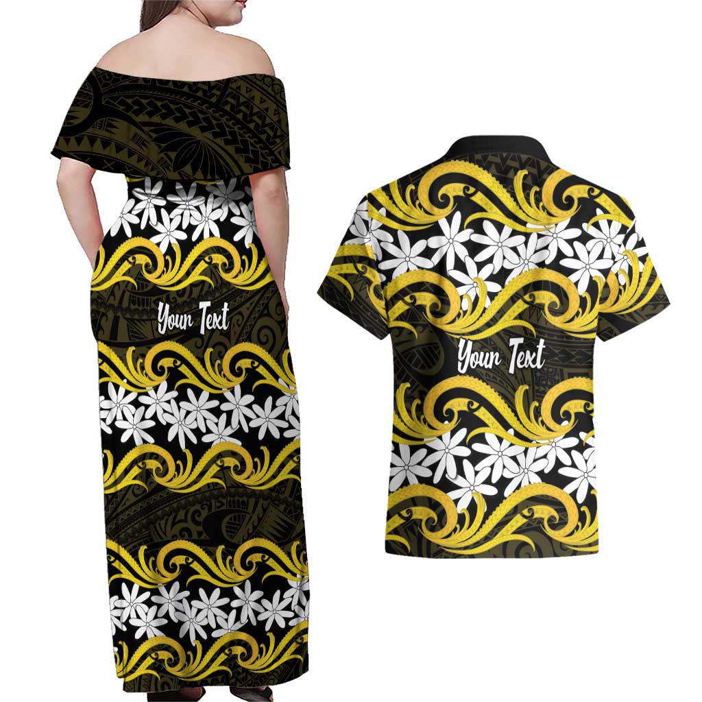 Personalised Cook Islands Aitutaki Couples Matching Off Shoulder Maxi Dress and Hawaiian Shirt Tiare Maori Polynesian Waves Tattoo