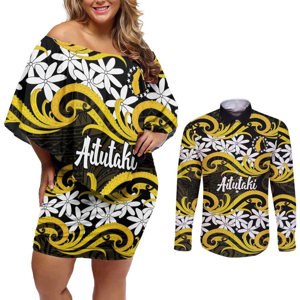 Personalised Cook Islands Aitutaki Couples Matching Off Shoulder Short Dress and Long Sleeve Button Shirt Tiare Maori Polynesian Waves Tattoo