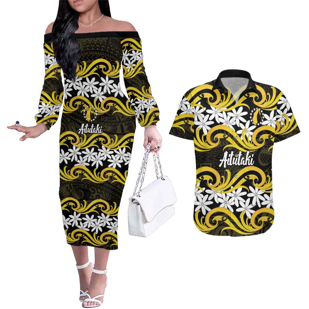 Personalised Cook Islands Aitutaki Couples Matching Off The Shoulder Long Sleeve Dress and Hawaiian Shirt Tiare Maori Polynesian Waves Tattoo LT14 Yellow - Polynesian Pride