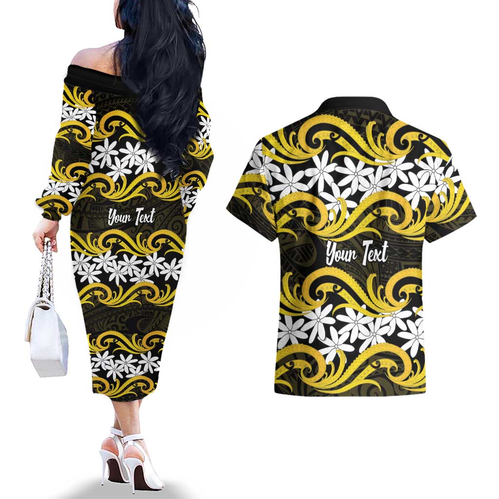 Personalised Cook Islands Aitutaki Couples Matching Off The Shoulder Long Sleeve Dress and Hawaiian Shirt Tiare Maori Polynesian Waves Tattoo LT14 - Polynesian Pride