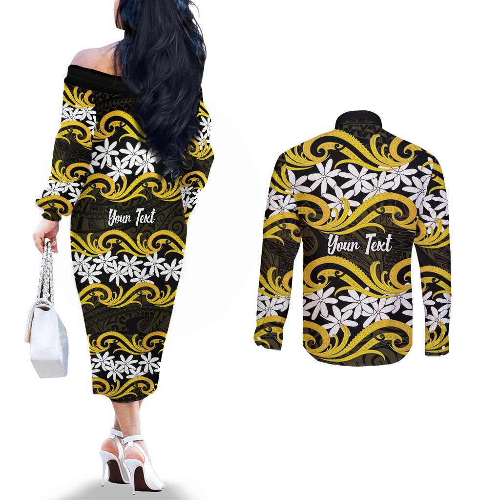 Personalised Cook Islands Aitutaki Couples Matching Off The Shoulder Long Sleeve Dress and Long Sleeve Button Shirt Tiare Maori Polynesian Waves Tattoo LT14 - Polynesian Pride