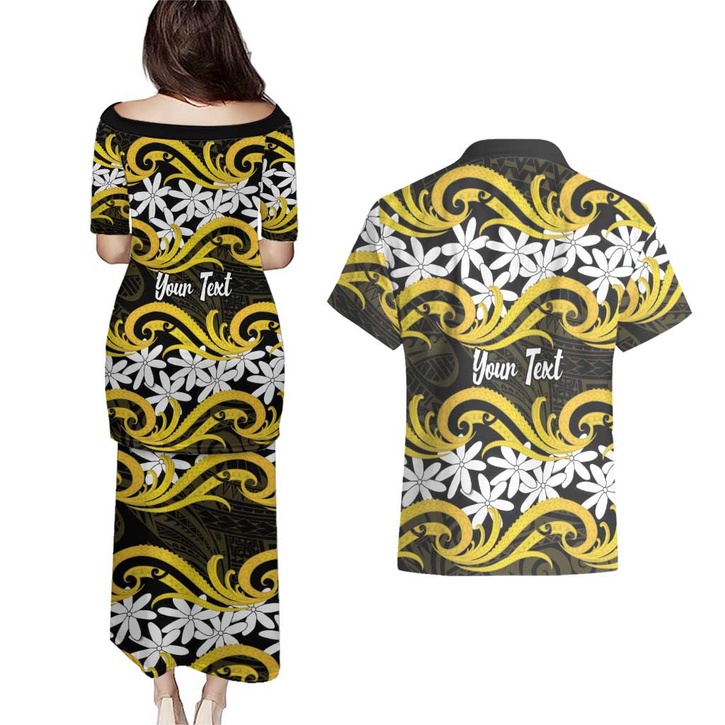 Personalised Cook Islands Aitutaki Couples Matching Puletasi and Hawaiian Shirt Tiare Maori Polynesian Waves Tattoo