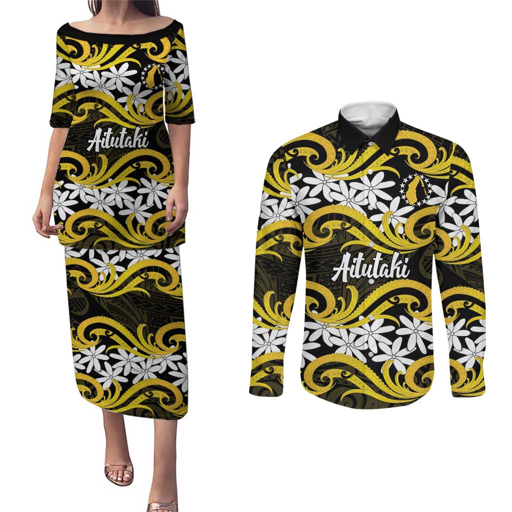 Personalised Cook Islands Aitutaki Couples Matching Puletasi and Long Sleeve Button Shirt Tiare Maori Polynesian Waves Tattoo