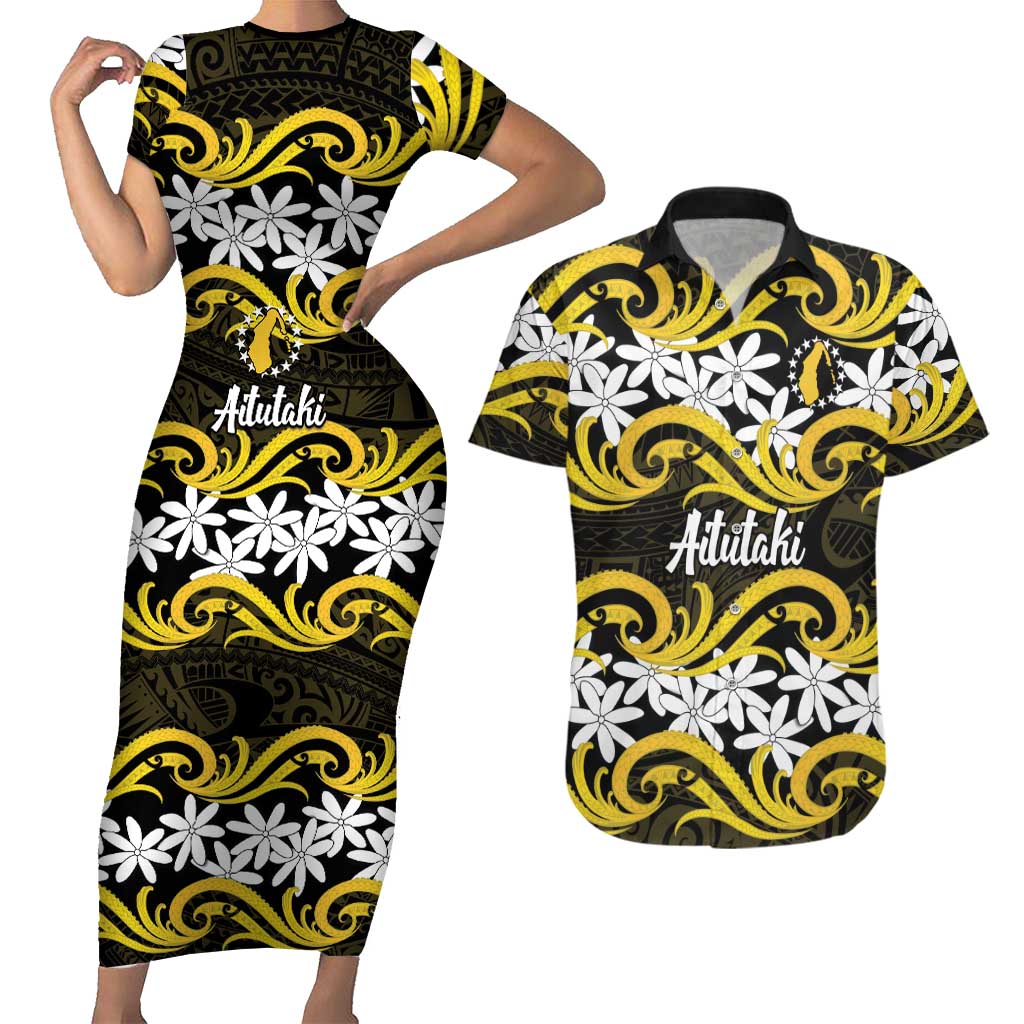 Personalised Cook Islands Aitutaki Couples Matching Short Sleeve Bodycon Dress and Hawaiian Shirt Tiare Maori Polynesian Waves Tattoo LT14 Yellow - Polynesian Pride