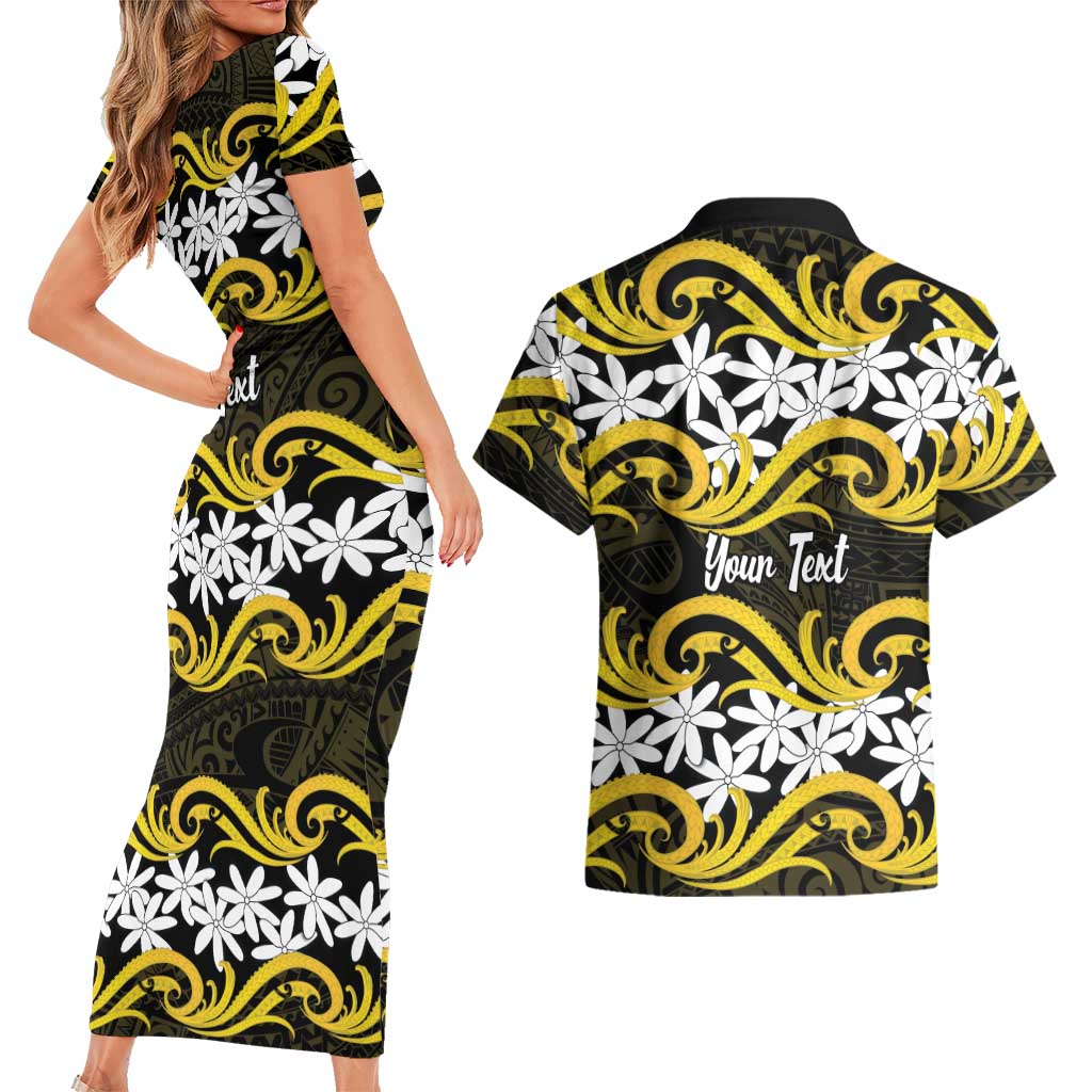Personalised Cook Islands Aitutaki Couples Matching Short Sleeve Bodycon Dress and Hawaiian Shirt Tiare Maori Polynesian Waves Tattoo LT14 - Polynesian Pride