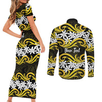 Personalised Cook Islands Aitutaki Couples Matching Short Sleeve Bodycon Dress and Long Sleeve Button Shirt Tiare Maori Polynesian Waves Tattoo