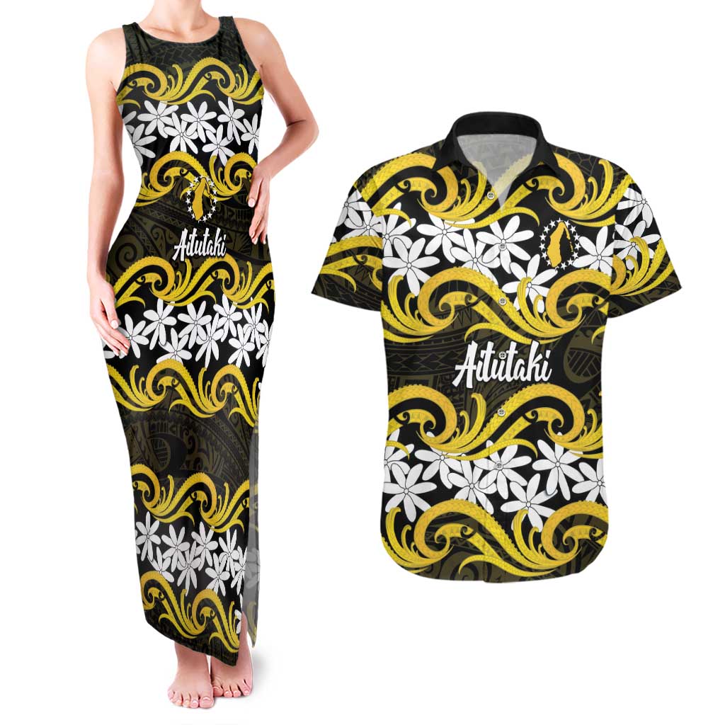 Personalised Cook Islands Aitutaki Couples Matching Tank Maxi Dress and Hawaiian Shirt Tiare Maori Polynesian Waves Tattoo