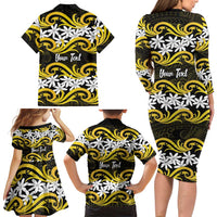 Personalised Cook Islands Aitutaki Family Matching Long Sleeve Bodycon Dress and Hawaiian Shirt Tiare Maori Polynesian Waves Tattoo LT14 - Polynesian Pride