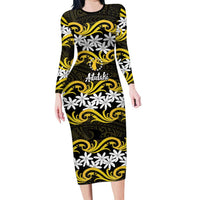 Personalised Cook Islands Aitutaki Family Matching Long Sleeve Bodycon Dress and Hawaiian Shirt Tiare Maori Polynesian Waves Tattoo LT14 Mom's Dress Yellow - Polynesian Pride