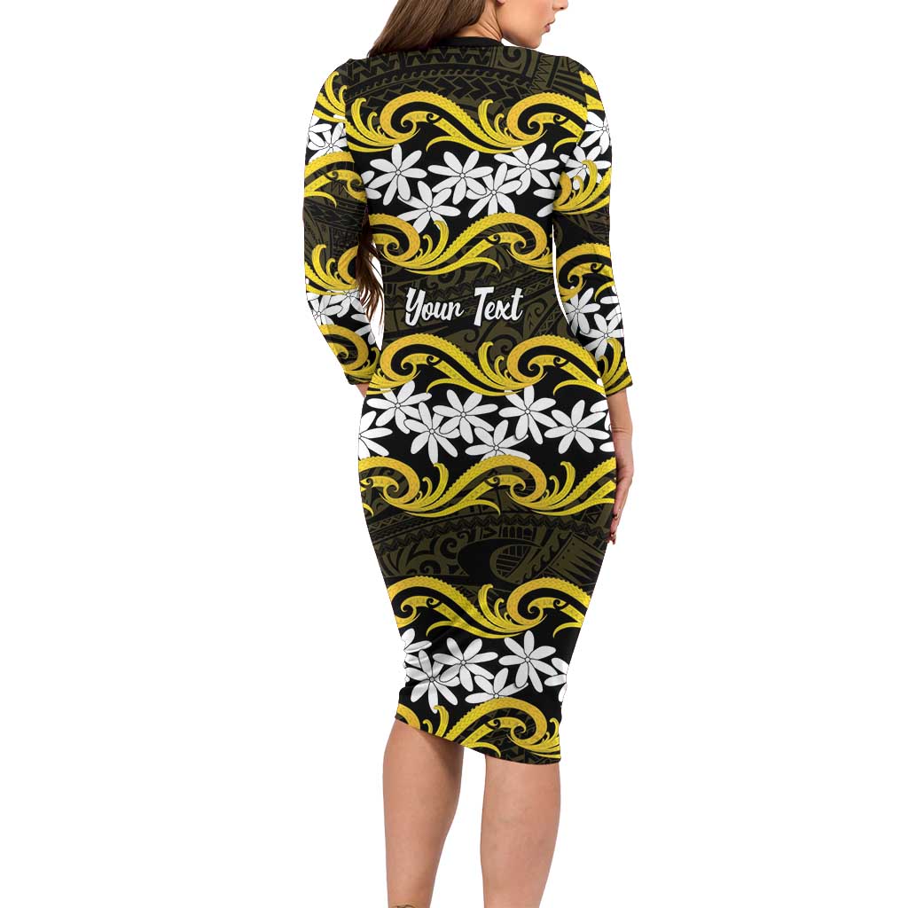Personalised Cook Islands Aitutaki Family Matching Long Sleeve Bodycon Dress and Hawaiian Shirt Tiare Maori Polynesian Waves Tattoo LT14 - Polynesian Pride